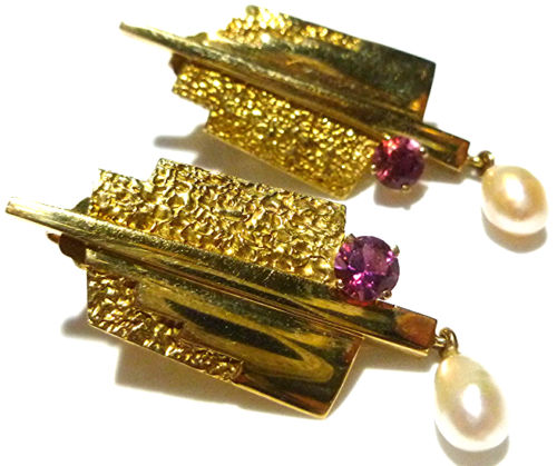 Designer Modernist 18K Yellow Gold Pink Tourmaline Pearl Dangle Earrings