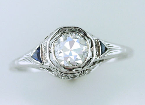 Antique GIA Cert .63ct Diamond & Sapphire 18K White Gold Deco Engagement Ring