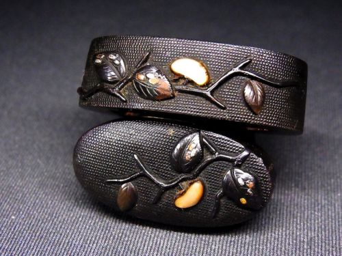 Antique Japanese Fuchi and Kashira Set with Inlaid Mother of Pearl