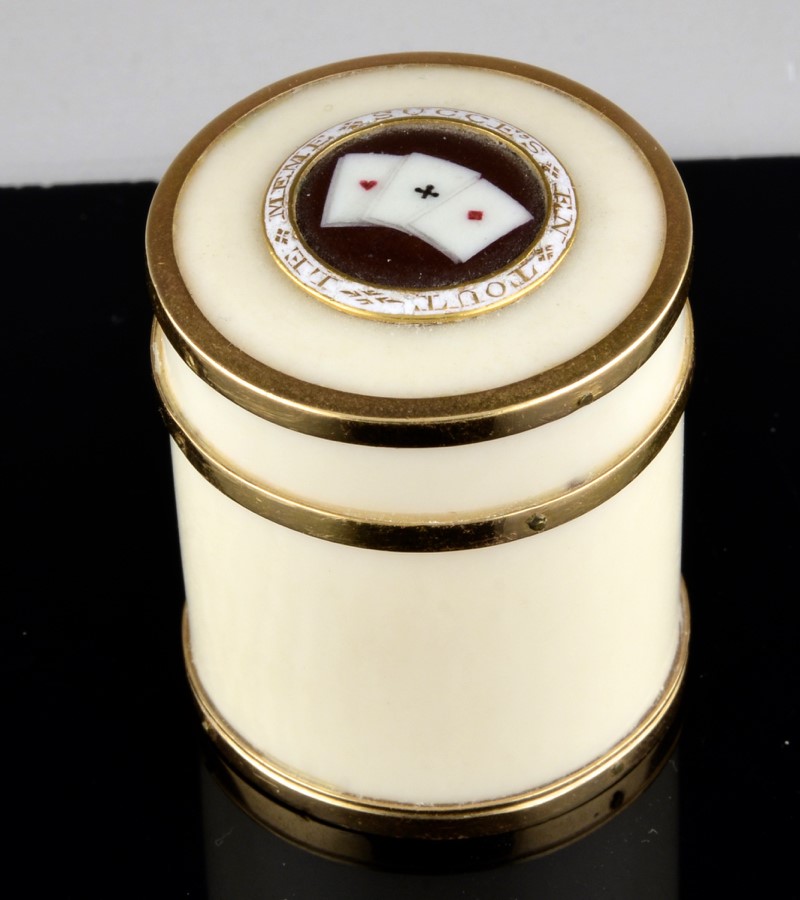 Superb Antique Georgian Dice Cup in Gold, Bone and Enamel