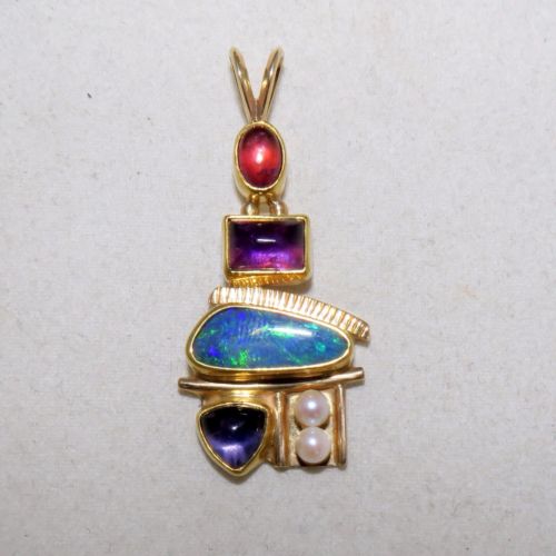 Solid Gold and Gemstone Set Signed Modernist Pendant