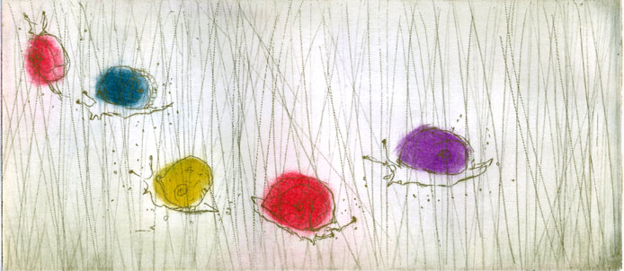 Contemporary Drypoint Print Titled "Five Snails" by Mariko Kuzumi