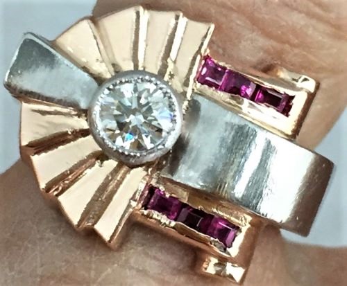 1940s Diamond, Ruby and 14K White and Pink Gold Retro Ring