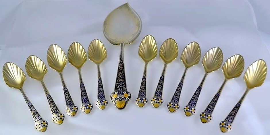 Champlevé Enamel & Sterling Silver Gorham Dessert Set