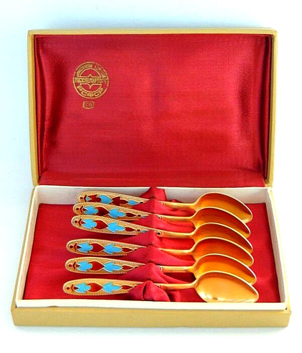 Set of 1960s Enameled Soviet Silver Teaspoons